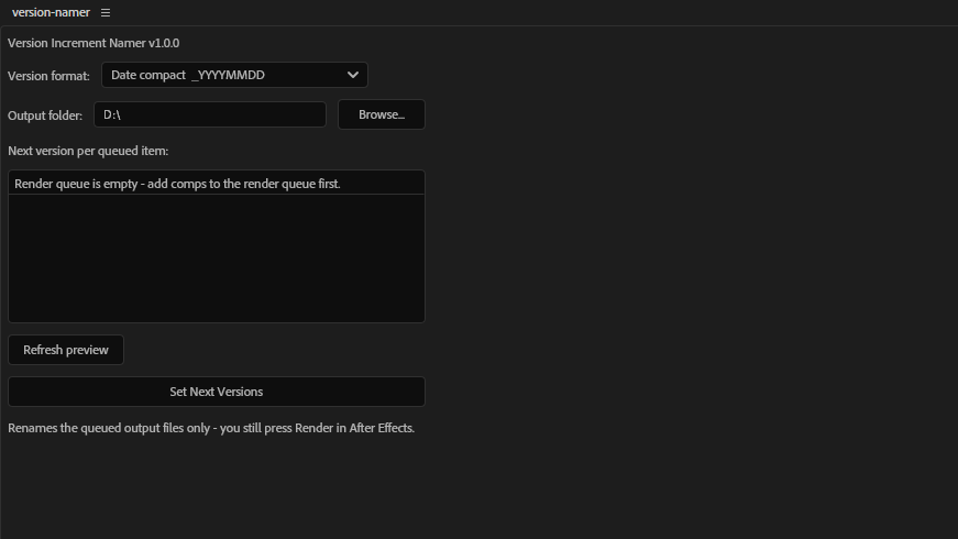 The Version Increment Namer panel beside the After Effects Render Queue